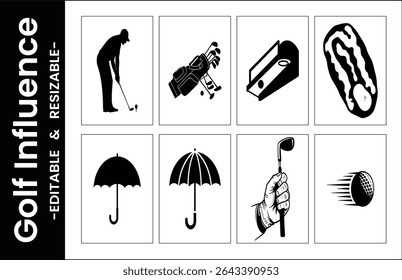 Golf Icon Set Vector Illustration Featuring Golfer Ball Bag Green Umbrella