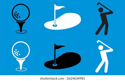 Ícone de golfe. Ilustração vetorial do campo de golfe com bandeira e homem. Símbolo do torneio de golfe. Campo de golfe com placa de salão de bola. Pictograma de competição de jogos esportivos. Conceito de meta isolada.