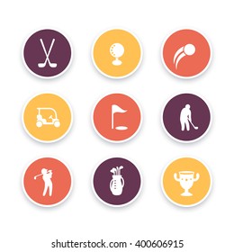 Golf icons, golf clubs, golf player, golfer, golf bag, golf signs, round icons set, vector illustration