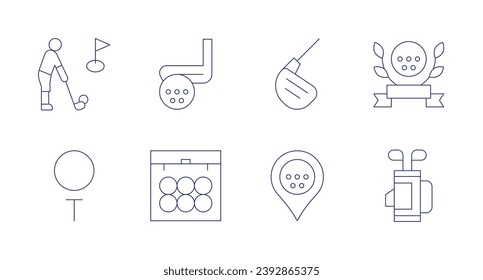 Golf icons. Editable stroke. Containing golfer, golf ball, iron, map, badge, golf bag.