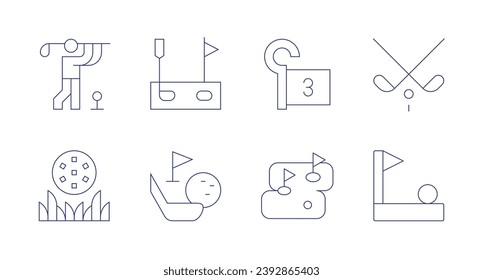 Golf icons. Editable stroke. Containing golfer, golf, ball, flag, golf field, clubs.