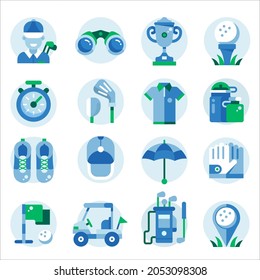 Golf icons with equipment, clothes and gear. Golfing icon set in flat design including golf club, ball, golfer, bag, umbrella and other accessories.