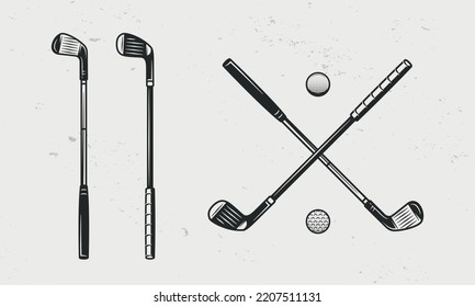 Iconos de golf aislados en fondo blanco. Clubes de golf e iconos de pelotas. Elementos de diseño vintage para logotipo, insignias, banners, etiquetas. Ilustración del vector