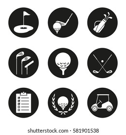 Golf icons set. Ball on tee, golf cart, clubs, golfer's checklist, championship symbol, bag, course, flagstick in hole. Vector white silhouettes illustrations in black circles