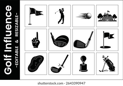 Golf Icons Set Black Silhouettes Featuring Player,Ball,Clubs,Course,Flag And Other Elements