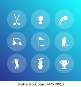 Golf icons set, golf car, clubs, golfer, bag, vector illustration