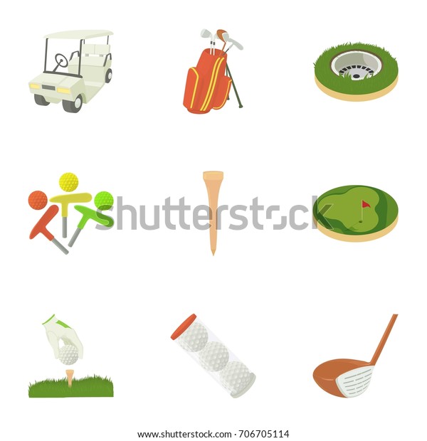 Golf icons set. Cartoon set of 9 golf\
vector icons for web isolated on white\
background