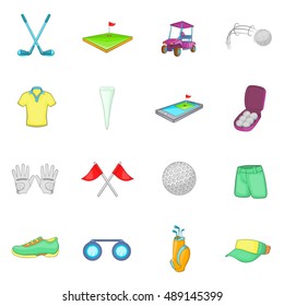 Golf icons set in cartoon style. Golf equipment set collection vector illustration