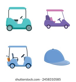Golf icons set cartoon vector. Golf transport and equipment. Sport and game competition