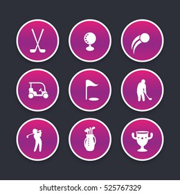 Golf icons set, clubs, player, golfer, golf bag, trendy round pictograms, vector illustration