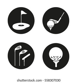 Golf icons set. Golf course, clubs, ball on tee. Vector white silhouettes illustrations in black circles