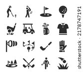 Golf icons set. Game of golf on the course. clubs hit balls into holes. Equipment and rules. Monochrome black and white icon, isolated symbol