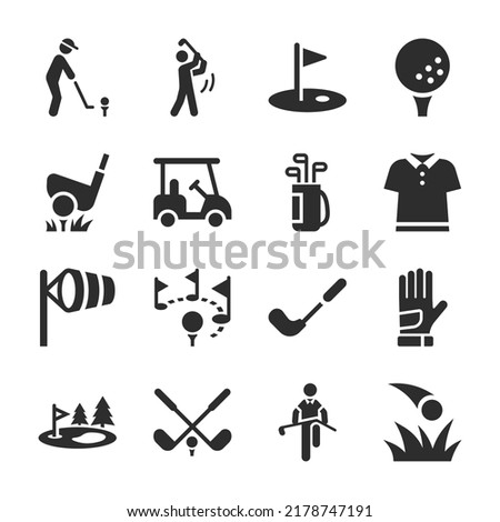 Golf icons set. Game of golf on the course. clubs hit balls into holes. Equipment and rules. Monochrome black and white icon, isolated symbol