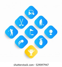Golf icons set, golfer, player, golf bag, clubs