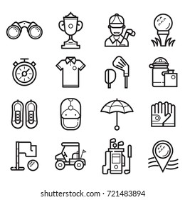 Golf icons set in line art style. Golf club, ball, golfer, bag, umbrella and other elements and accessories.