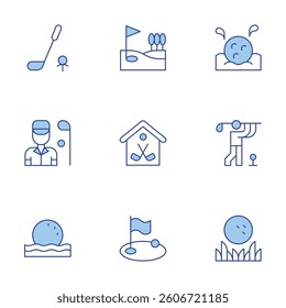 Golf icons set. Line Duotone style, editable stroke. golfer, ball, golf, field, course.