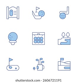 Golf icons set. Line Duotone style, editable stroke. course, stick, golf ball, golf field.