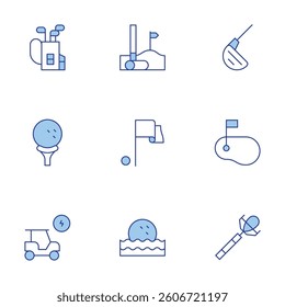 Golf icons set. Line Duotone style, editable stroke. flag, iron, ball, equipment, golf cart, green.