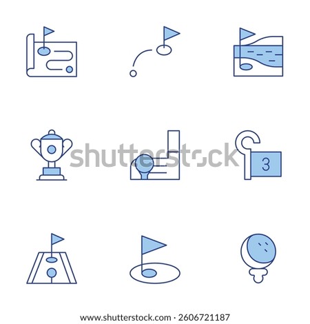 Golf icons set. Line Duotone style, editable stroke. golf field, golf, flag, map, distance, mini golf.
