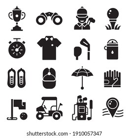 Golf icons set in outline silhouette style. Golf club, ball, golfer man, bag, umbrella and other elements and accessories.