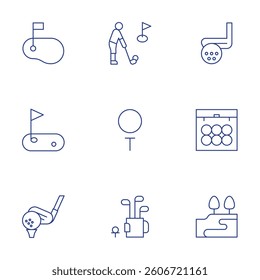 Golf icons set. Thin Line style, editable stroke. golfer, ball, stick, course, green, golf field.