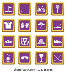 Golf icons set vector purple square isolated on white background 