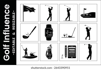 Golf Icons Vector Silhouette Collection Of Golfers,Equipment,And Accessories In Black And White