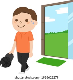 Golf Illustration. The Man Takes Off His Hat And Enters The Entrance Of The Clubhouse.