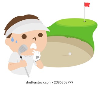 Ilustración de golf. Un hombre en problemas frente al búnker.