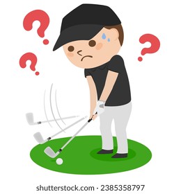 Golf illustration. A man is worried about his swing on the fairway.