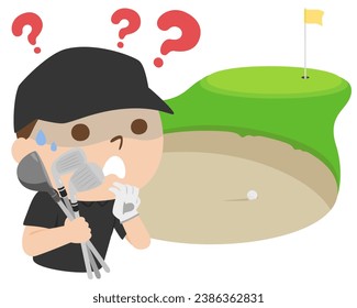 Golf-Illustration. Ein Mann macht sich Sorgen darüber, welchen Golfclub er vor einem Bunker benutzen soll.