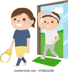 Golf Illustration. Men And Women Take Off Their Hats And Enter The Clubhouse Entrance.