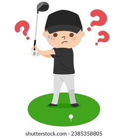 Golf illustration. Tee off. A man worries about how to hit a golf driver.