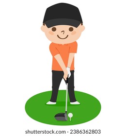 Golf illustration. Tee off. A man with a golf driver.