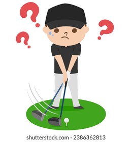 Golf illustration. Tee off. A man worries about how to hit a golf driver.