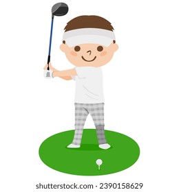 Golf illustration. Tee off. A man swinging with a golf driver.