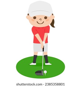 Golf illustration. Tee off. A woman with a golf driver.