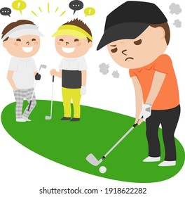 Golf illustration. When a man hits a golf ball. Annoying people.