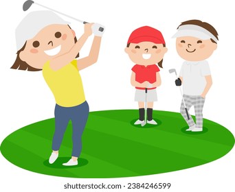Golf illustration. A woman taking a shot on the fairway.