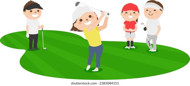 Golf illustration. A woman taking a shot on the fairway.