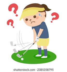 Golf illustration. A woman is worried about her swing on the fairway.