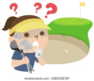 Golf illustration. A woman worries about which golf club to use in front of a bunker.
