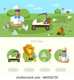 Golf infographic elements, banners elite golf club, man playing golf 