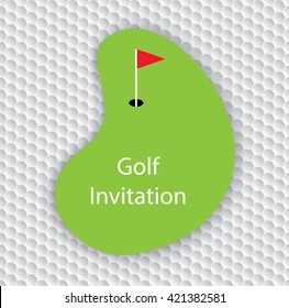 Golf invitation flyer card. Golf green with hole, flag and copy space on golf ball seamless pattern.