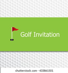 Golf invitation flyer card. Golf green with hole and flag on golf ball geometric texture pattern.