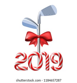 Golf irons tied with a red bow with candy cane numbers of 2019 new year holiday. Vector isolated illustration on white background