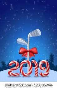 Golf irons tied with a red bow with candy cane numbers of 2019 new year holiday. Vector  illustration on snowy background