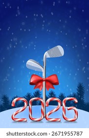 Ferros de golfe amarrados com um arco vermelho com números de cana de doces do feriado de ano novo de 2026. Ilustração vetorial em fundo nevado