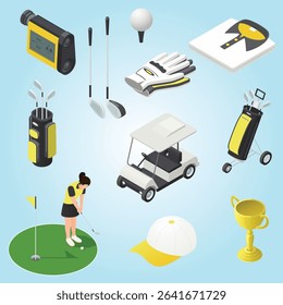 Golf isometric flowchart with young woman with clubs glovers polo shirt rangefinder bag cart decorative icons