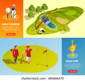 Golf isometric horizontal banners with decorative elements showing playing golfers tournament cup golf course vector illustration 